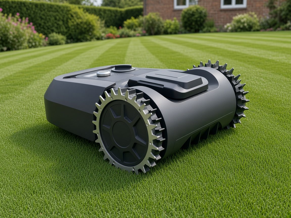 Robotplæneklipper med spikes-ringe på hjulene på en flot græsplæne