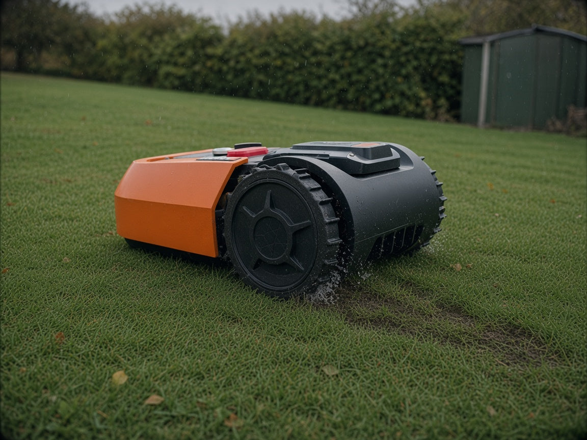 Worx Landroid uden spikes, hvor hjulet spinner på en våd græsskråning