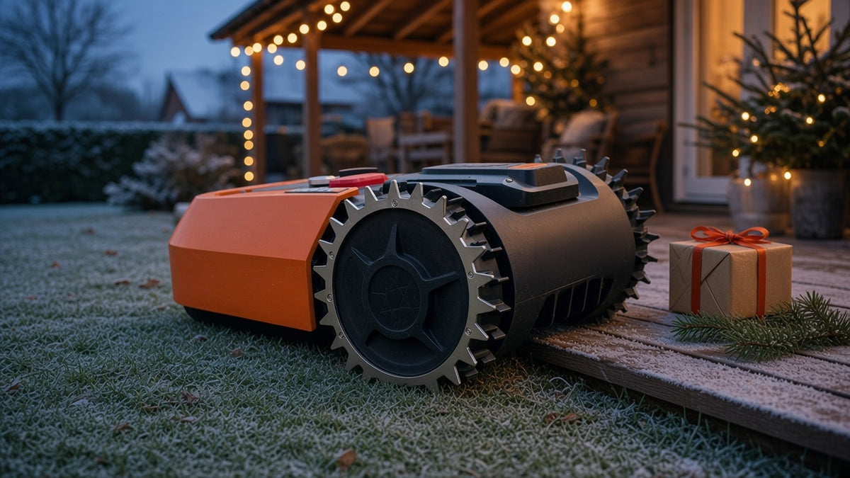 Worx Landroid med spikes ved terrassen med julelys og en indpakket gave