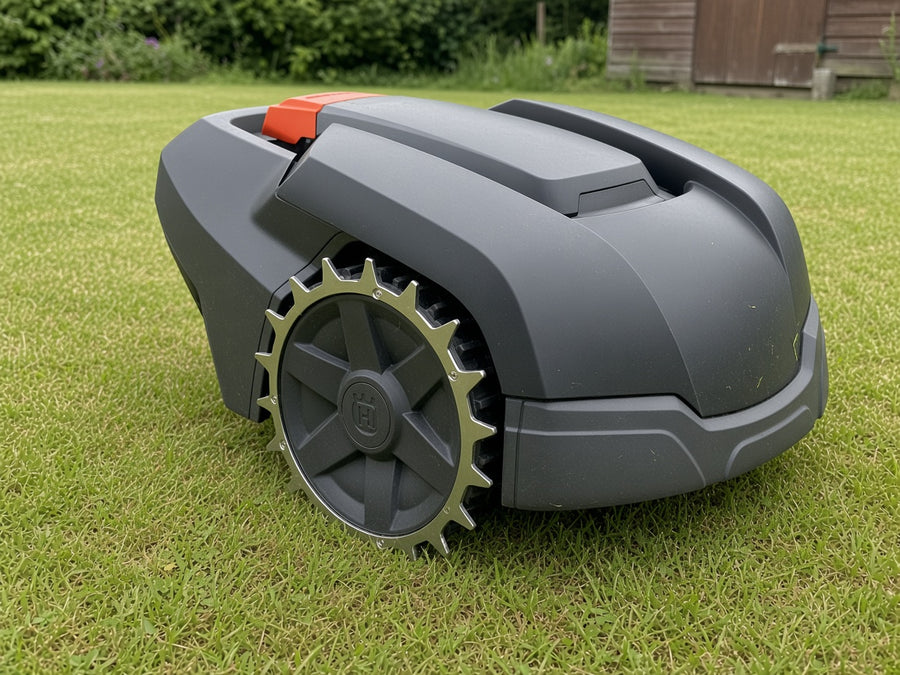 Husqvarna Automower med 2 mm rustfri spikes-ring på baghjulet